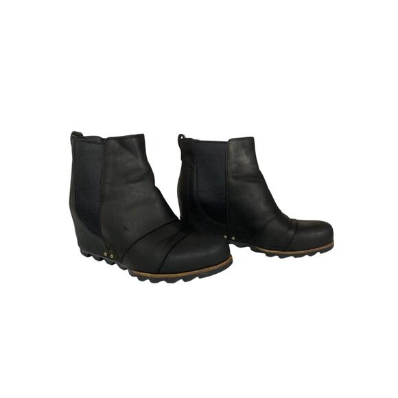 Sorel Lea Joan of Arctic Wedge Ankle Boot Black Leather Pull On Womens Size 11 - Picture 1 of 9